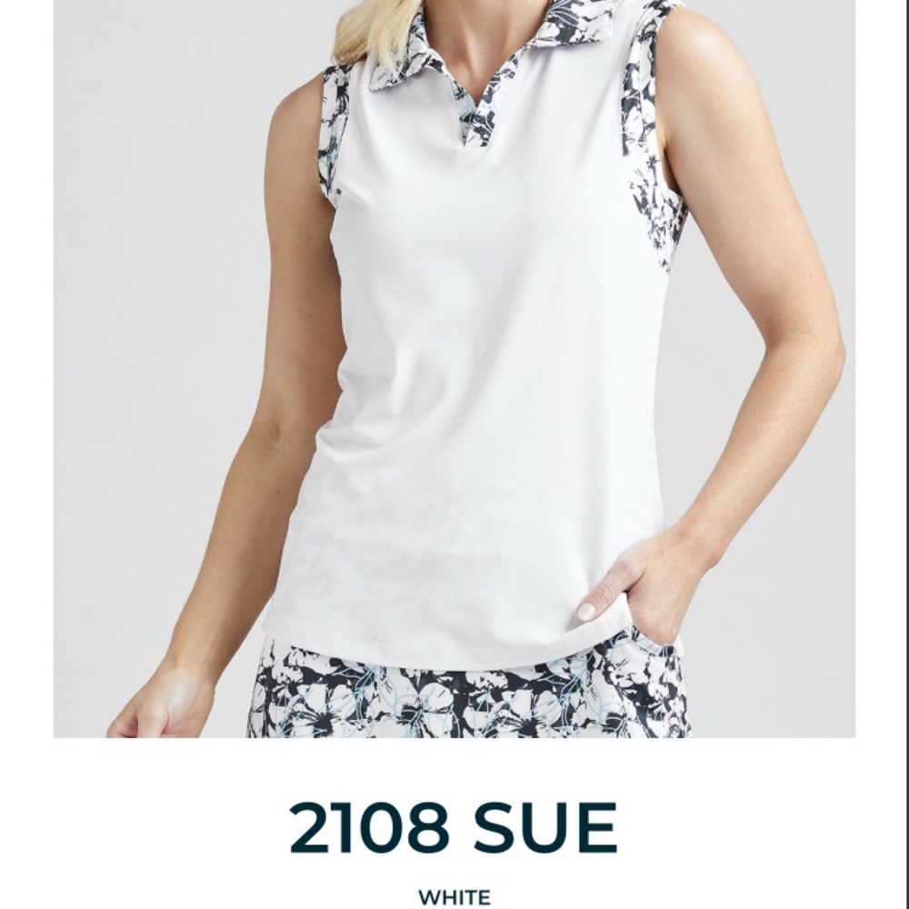 NWT Bermuda Sands ApparelWhite Sleeveless Polo Shirt with Floral Accents.